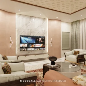 Living room TV wall in blush stone finish with lounge seating