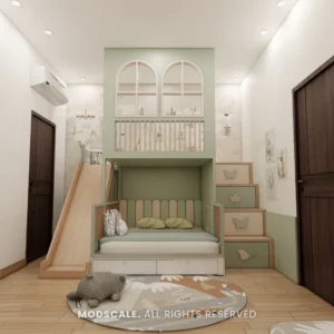 Kids bedroom with bunk bed, slide and storage steps in sage green, Hussain and Saniya’s villa at Gokul Vatika (3D design)