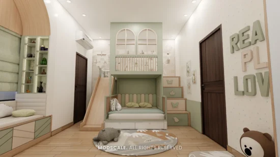 Kids bedroom with bunk bed, slide and storage steps in sage green, Hussain and Saniya’s villa at Gokul Vatika (3D design)