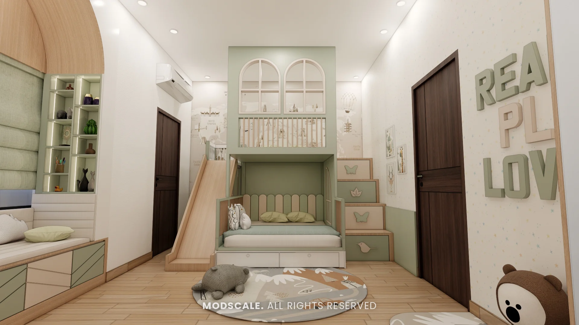 Kids bedroom with bunk bed, slide and storage steps in sage green, Hussain and Saniya’s villa at Gokul Vatika (3D design)