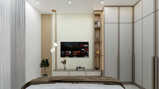 Fluted cream wardrobe wrapping the corner beside the TV wall