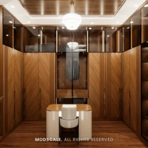 Walk-in wardrobe with dresser seat and backlit display shelves
