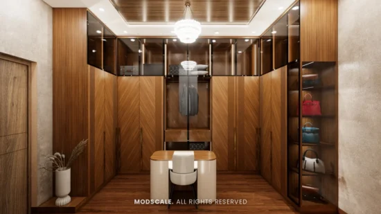 Walk-in wardrobe with dresser seat and backlit display shelves