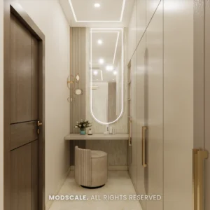 Dresser with backlit oval mirror and stool, Mukesh’s villa on Sarjapur Road (3D design)