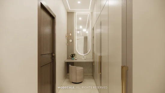 Dresser with backlit oval mirror and stool, Mukesh’s villa on Sarjapur Road (3D design)