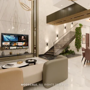Double-height living room with marble TV wall, staircase and dining area beyond, Hussain and Saniya’s villa (3D design)