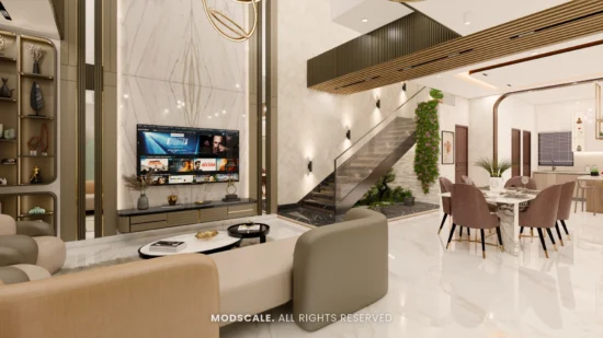 Double-height living room with marble TV wall, staircase and dining area beyond, Hussain and Saniya’s villa (3D design)