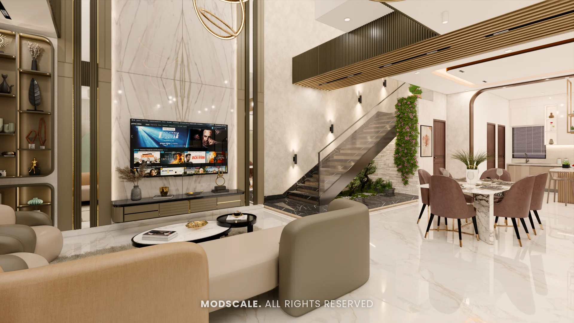 Double-height living room with marble TV wall, staircase and dining area beyond, Hussain and Saniya’s villa (3D design)