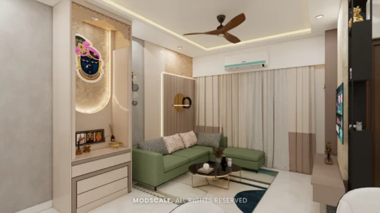 Wide view of the living room with cove-lit false ceiling and green sectional sofa