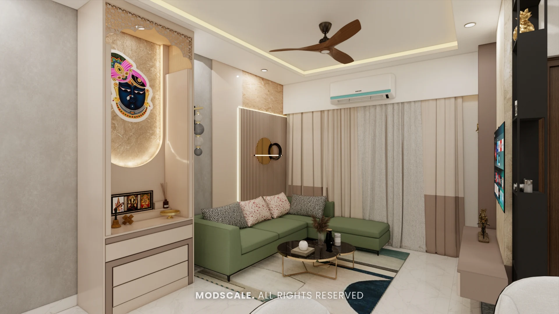 Wide view of the living room with cove-lit false ceiling and green sectional sofa