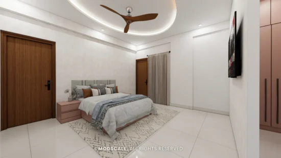 Master bedroom with upholstered bed
