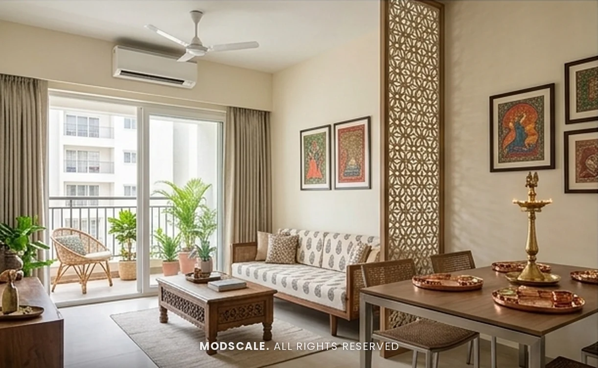 Living and dining room with jaali partition, block-print sofa, carved wooden coffee table, folk-art paintings and a brass lamp – Sowmya’s 2BHK at Godrej Splendour, Whitefield (3D design)