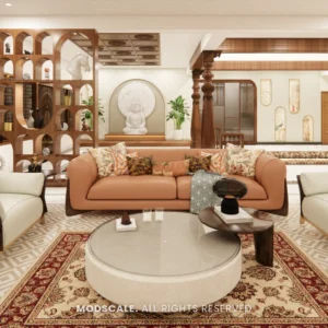 Formal living room with tan leather sofa