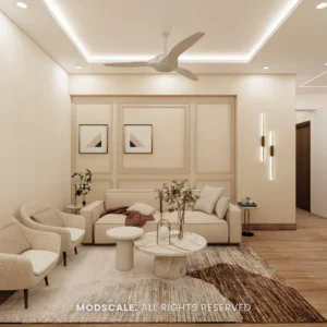 Living room shown with the wood-look floor tile option, Ankur’s home at Purva Panorama (3D design)