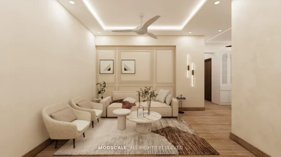 Living room shown with the wood-look floor tile option, Ankur’s home at Purva Panorama (3D design)