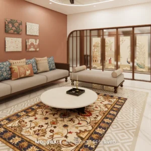 Family lounge with terracotta accent wall, framed art and arched glass partition, Chethan’s home (3D design)