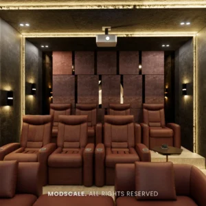 Home theatre with tiered leather recliners and upholstered acoustic wall panels, Shruthi’s villa in Hassan (3D design)