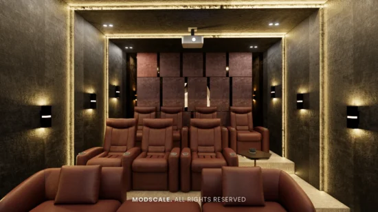 Home theatre with tiered leather recliners and upholstered acoustic wall panels, Shruthi’s villa in Hassan (3D design)