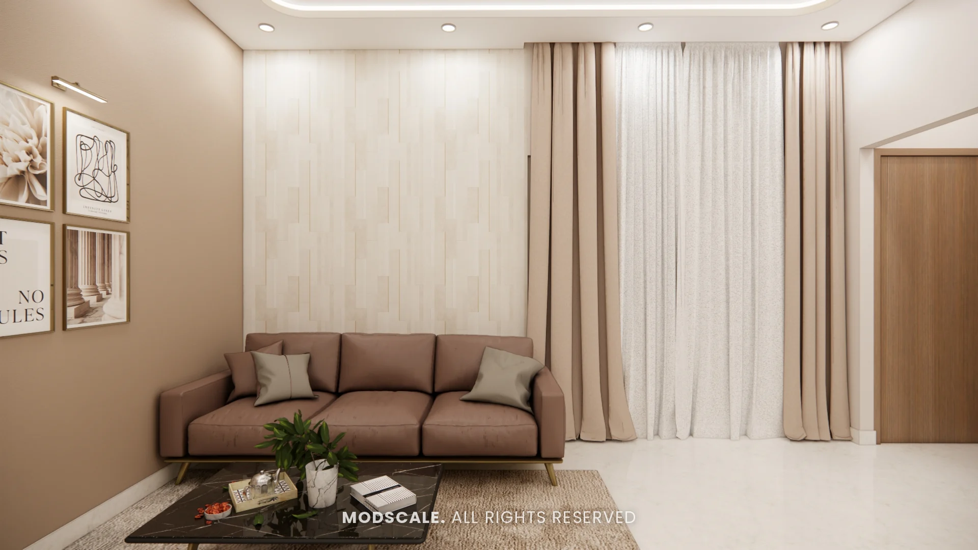 Living room with brown sofa