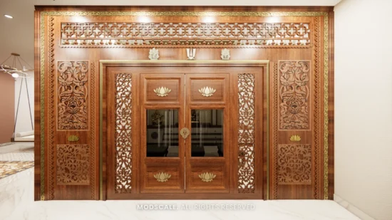 Carved wooden puja room doors with brass-detail lattice panels
