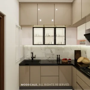 Modular kitchen with gloss shiitake and creme shutters