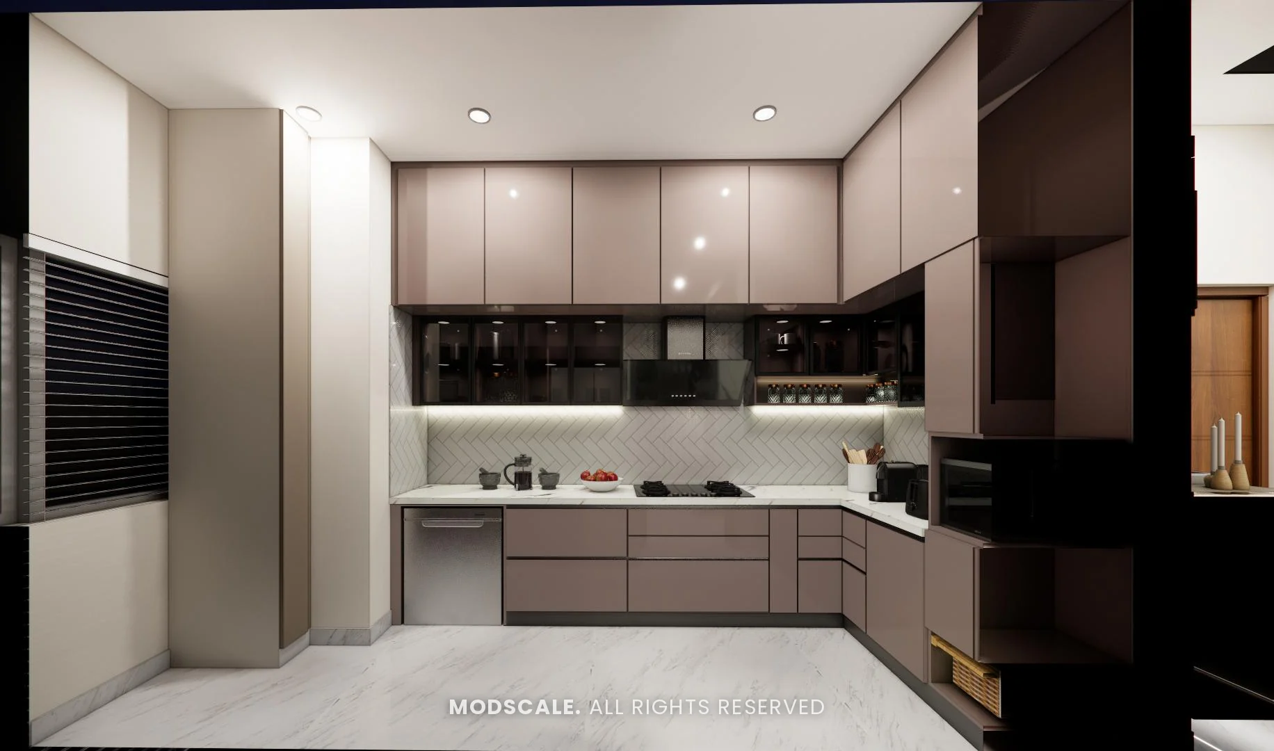 Modular kitchen in cappuccino finish with dark glass wall units
