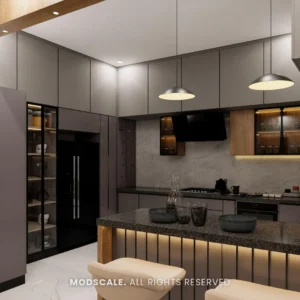 Modular kitchen in dark grey with backlit breakfast counter and pendant lights