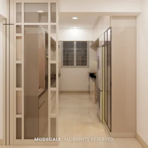 Glass and white-framed partition between the living room and kitchen