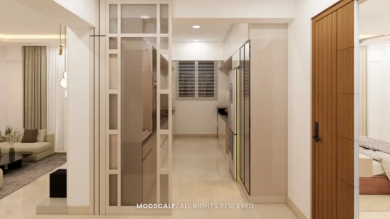 Glass and white-framed partition between the living room and kitchen