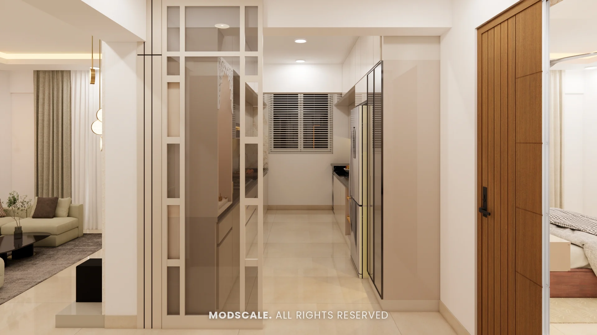 Glass and white-framed partition between the living room and kitchen