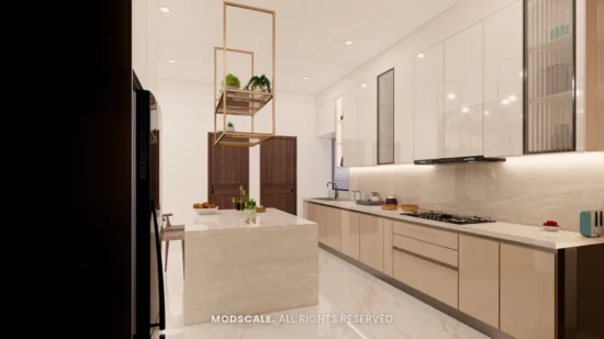 Kitchen counter run with island and marble-finish backsplash