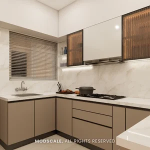 Kitchen sink and hob corner with brown-tinted fluted glass shutters and under-cabinet lighting, Shivani’s home at Sobha Royal Pavilion (3D design)