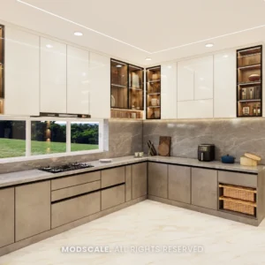 Dry kitchen base units with pull-out baskets and glass display shelves