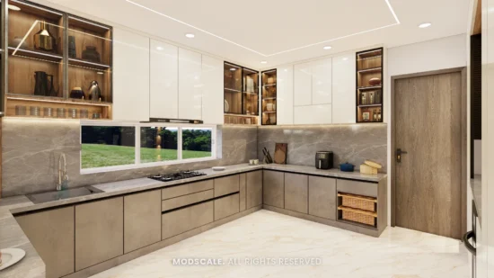 Dry kitchen base units with pull-out baskets and glass display shelves