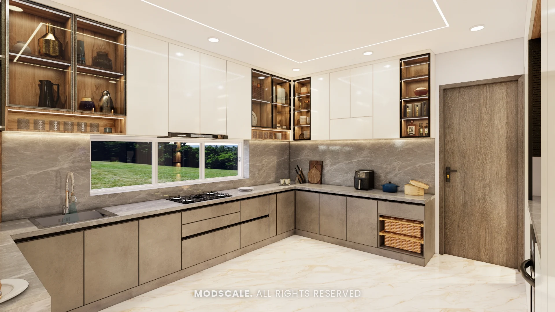 Dry kitchen base units with pull-out baskets and glass display shelves