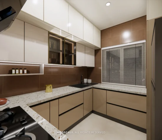 Kitchen counter along the window with handleless drawers and glass-shutter wall units
