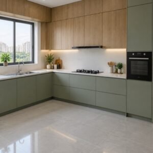 L-shaped modular kitchen design concept with sage green base units and wood wall units