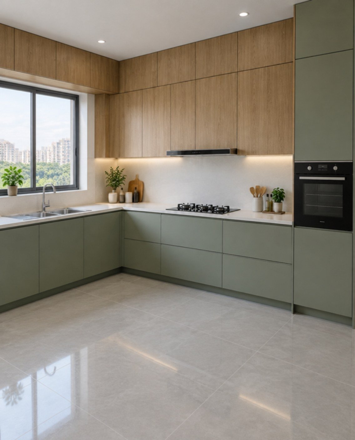 L-shaped modular kitchen design concept with sage green base units and wood wall units