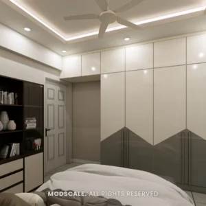 Cream and grey wardrobe with zigzag two-tone shutters beside the book shelf unit