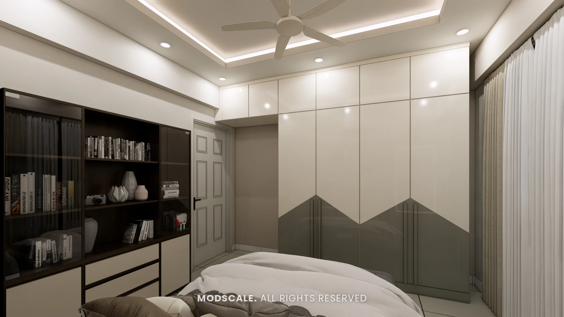 Cream and grey wardrobe with zigzag two-tone shutters beside the book shelf unit