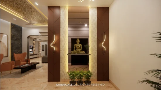 Foyer with backlit Buddha niche