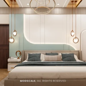 Master bedroom with curved backlit headboard wall and upholstered bed