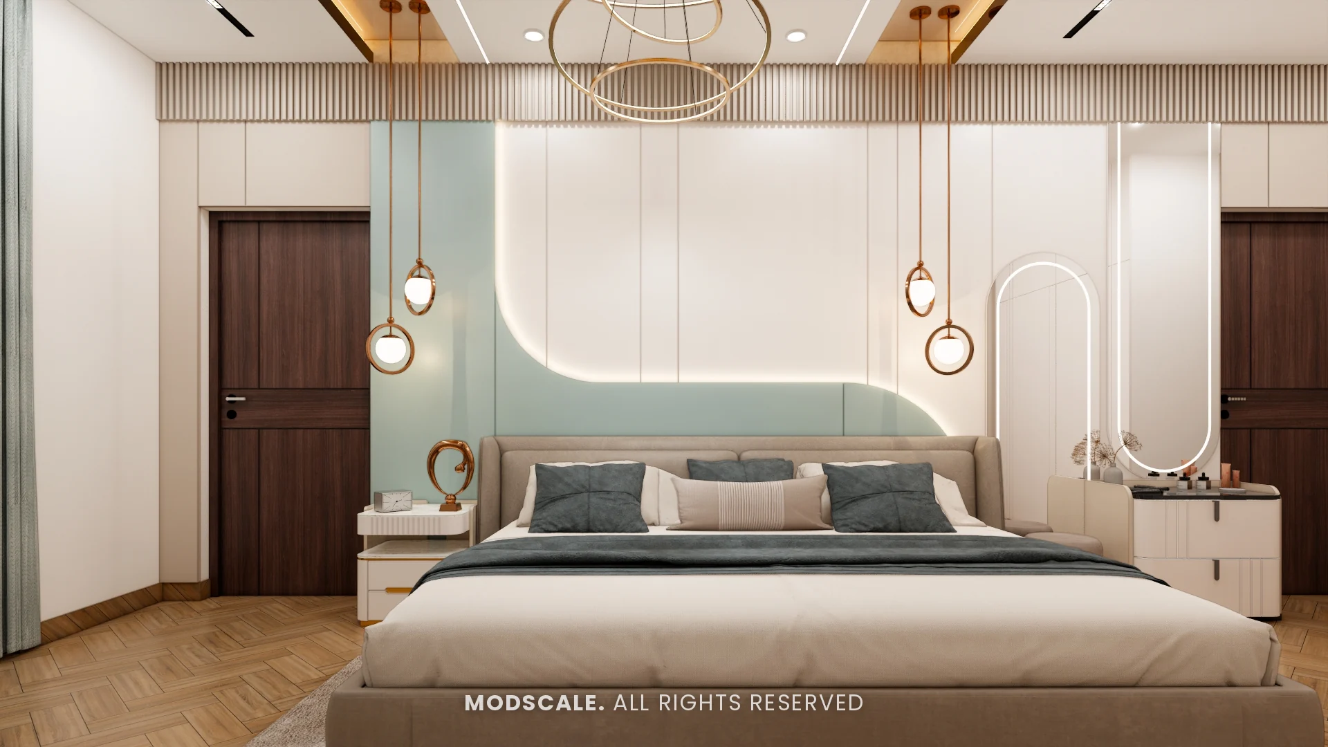 Master bedroom with curved backlit headboard wall and upholstered bed