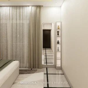 Master bedroom window wall with curtains and a lit full-height mirror, Bhaskar’s villa in JP Nagar (3D design)