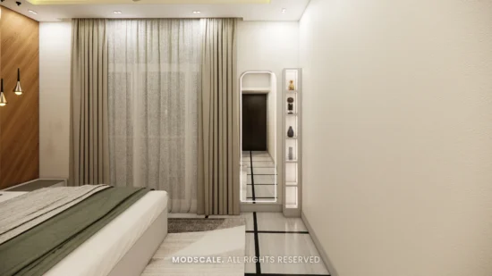 Master bedroom window wall with curtains and a lit full-height mirror, Bhaskar’s villa in JP Nagar (3D design)