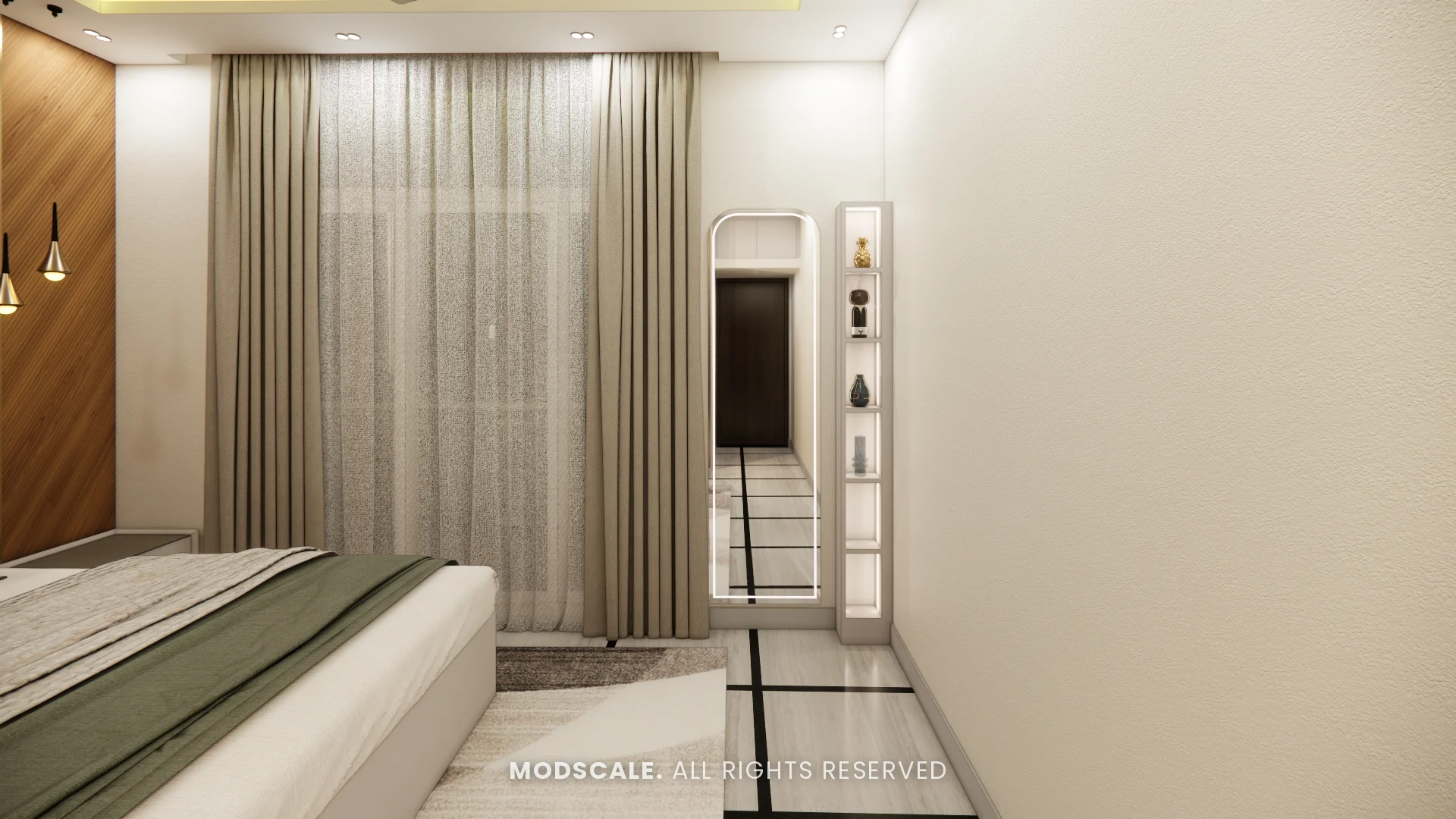 Master bedroom window wall with curtains and a lit full-height mirror, Bhaskar’s villa in JP Nagar (3D design)