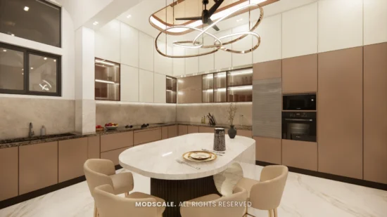 Modular kitchen with curved island
