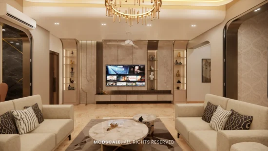 Living room TV wall with floating console and backlit display niches