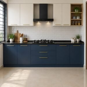 Two-tone modular kitchen colour combination concept with navy base units and off-white wall units
