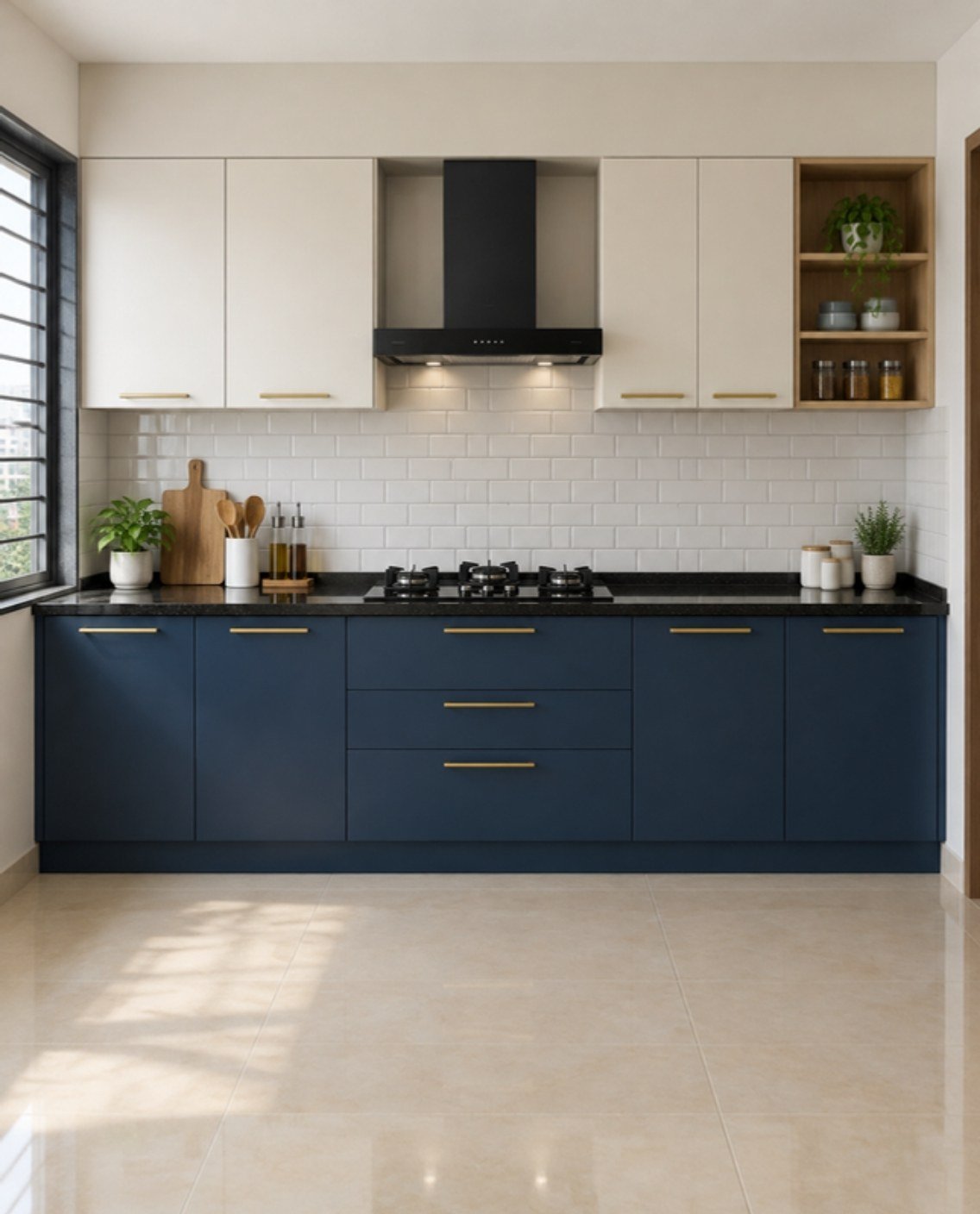 Two-tone modular kitchen colour combination concept with navy base units and off-white wall units